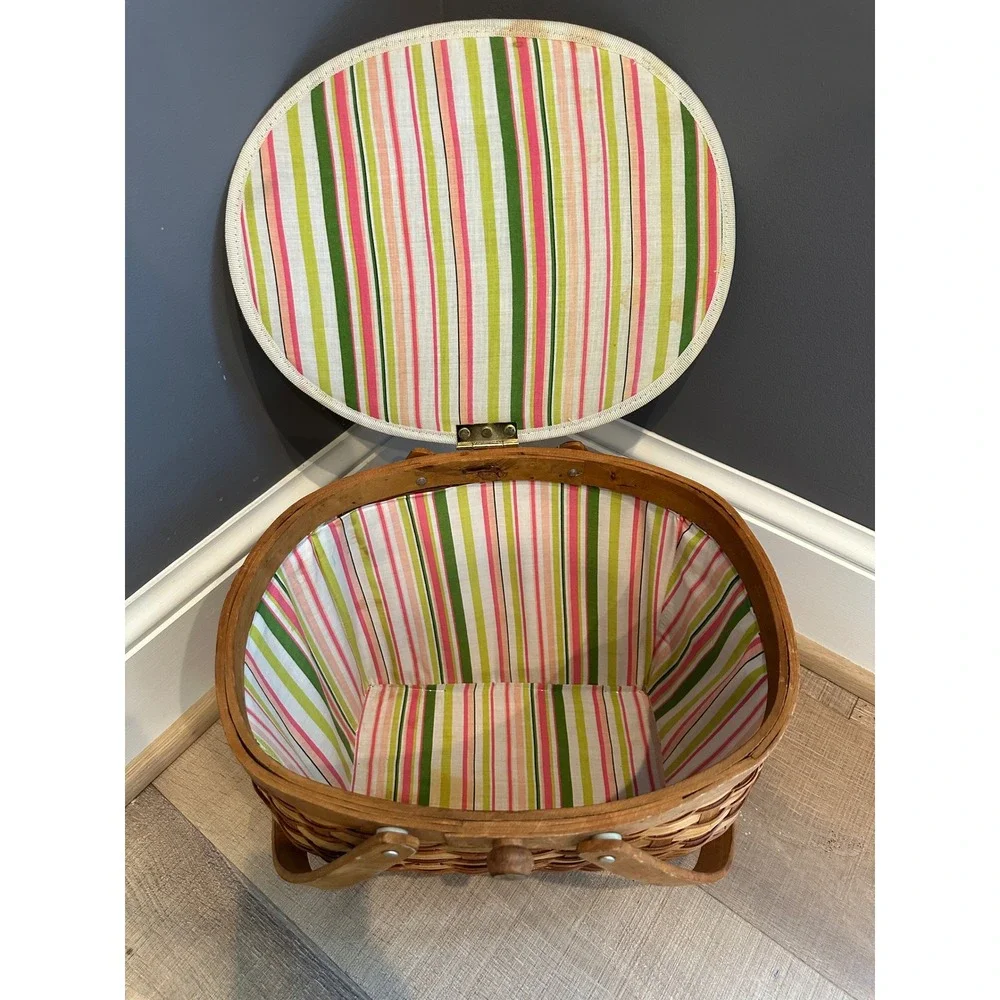 Vintage 1950s 60s Woven‎ Wicker Sewing Basket Striped Fabric Padded Lid Large